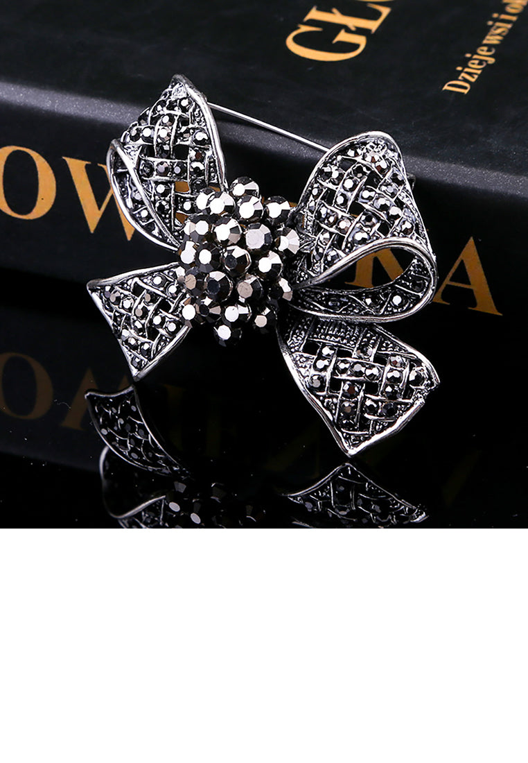 Fashion Bright Black Ribbon Brooch with Cubic Zirconia - Luxurious Look