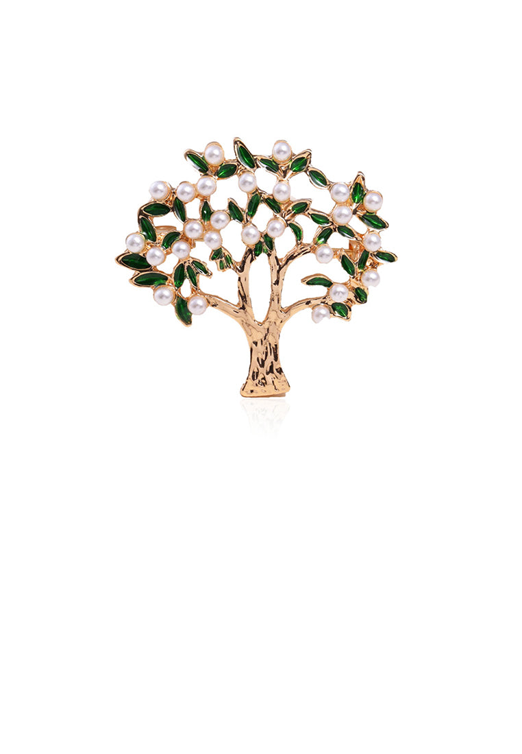 Fashion and Elegant Plated Gold Tree Of Life Imitation Pearl Brooch with Green Cubic Zirconia - Luxurious Look