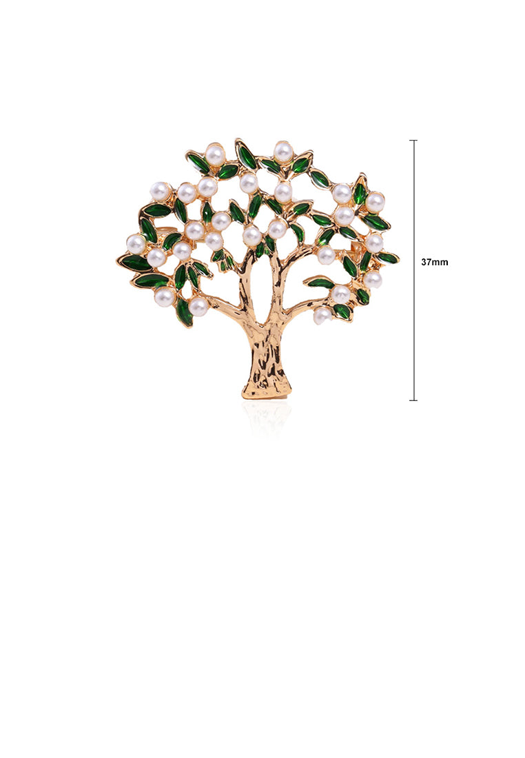 Fashion and Elegant Plated Gold Tree Of Life Imitation Pearl Brooch with Green Cubic Zirconia - Luxurious Look