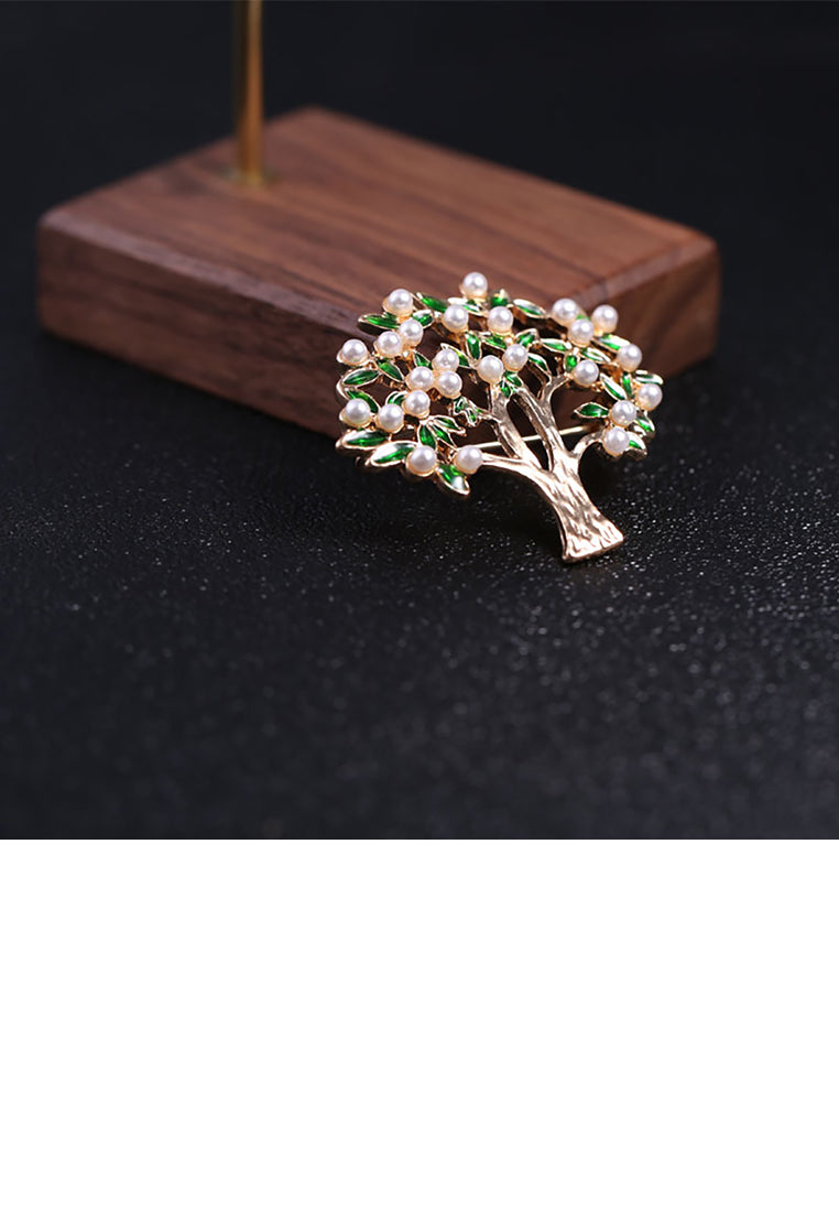 Fashion and Elegant Plated Gold Tree Of Life Imitation Pearl Brooch with Green Cubic Zirconia - Luxurious Look