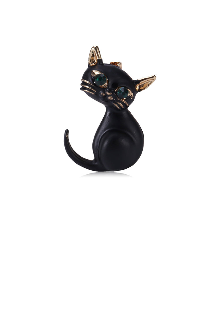 Simple and Cute Black Cat Brooch with Green Cubic Zirconia - Luxurious Look