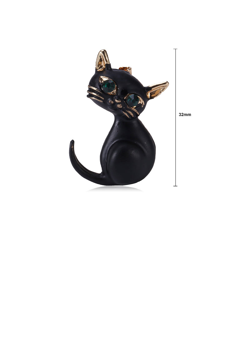 Simple and Cute Black Cat Brooch with Green Cubic Zirconia - Luxurious Look