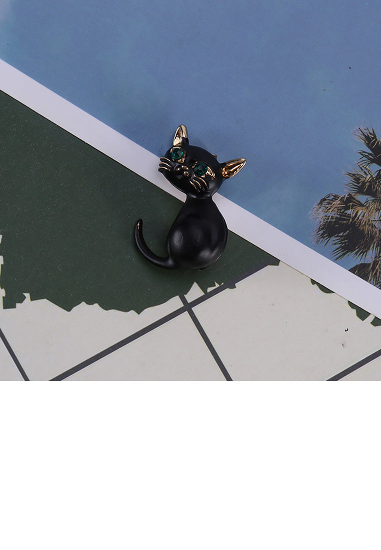 Simple and Cute Black Cat Brooch with Green Cubic Zirconia - Luxurious Look