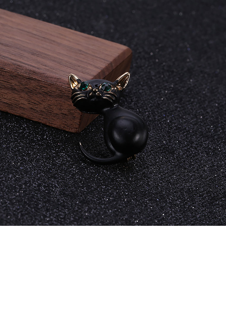 Simple and Cute Black Cat Brooch with Green Cubic Zirconia - Luxurious Look