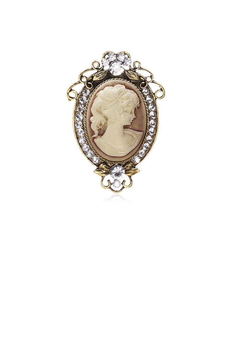 Elegant Vintage Plated Gold Beauty Figure Geometric Oval Brooch with Cubic Zirconia - Luxurious Look