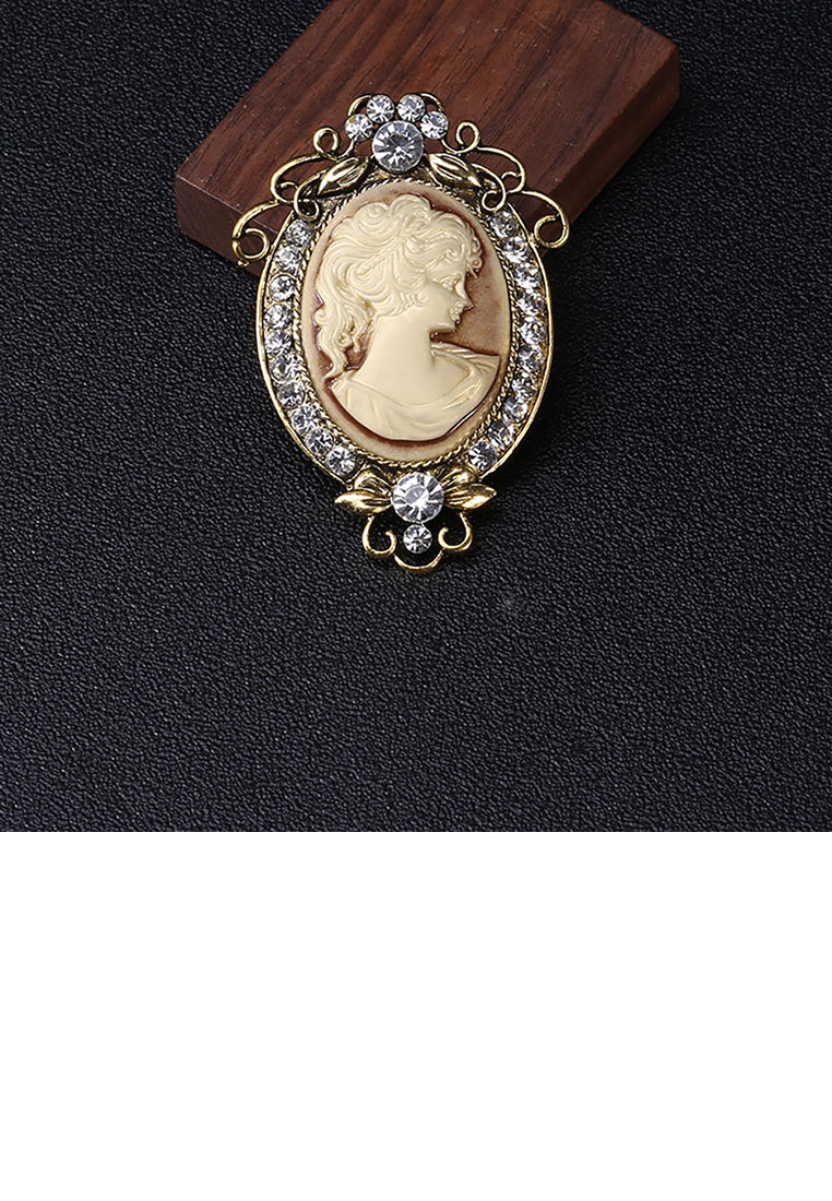 Elegant Vintage Plated Gold Beauty Figure Geometric Oval Brooch with Cubic Zirconia - Luxurious Look