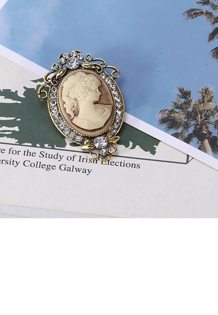 Elegant Vintage Plated Gold Beauty Figure Geometric Oval Brooch with Cubic Zirconia - Luxurious Look