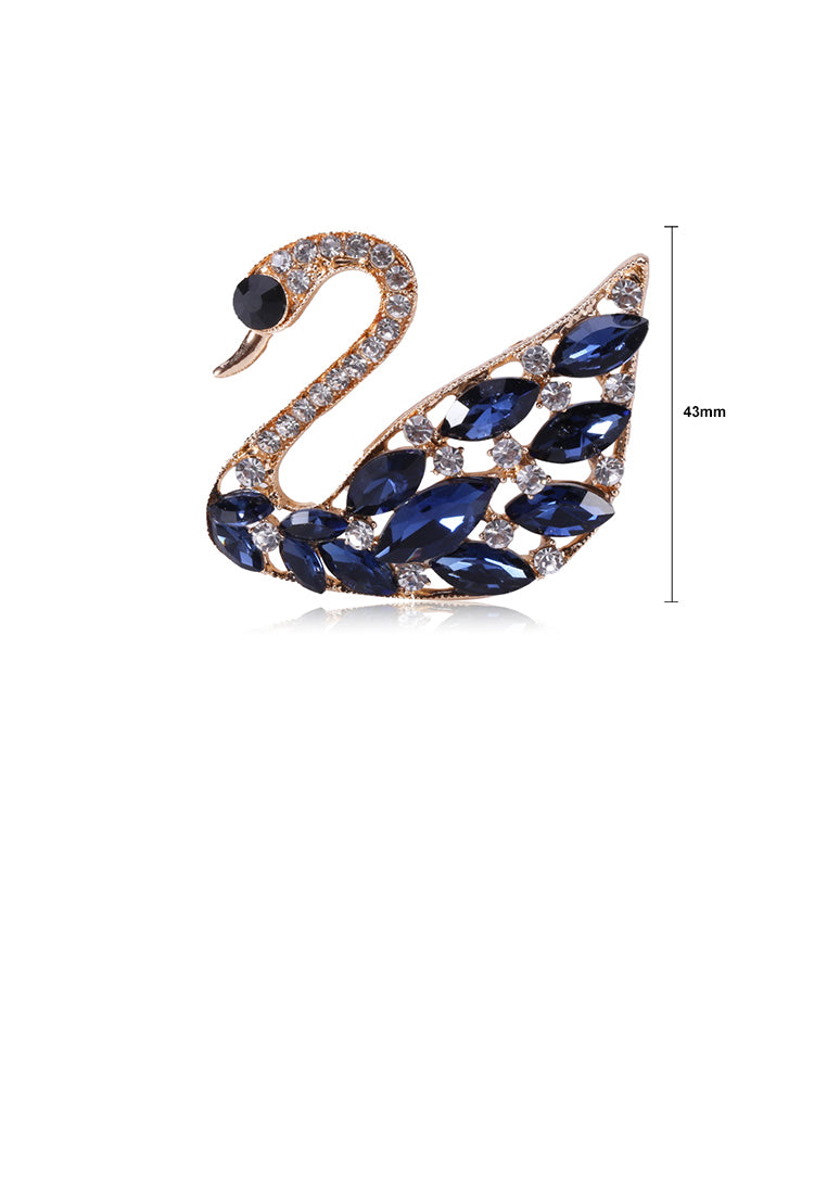 Fashion and Elegant Plated Gold Swan Brooch with Blue Cubic Zirconia - Luxurious Look