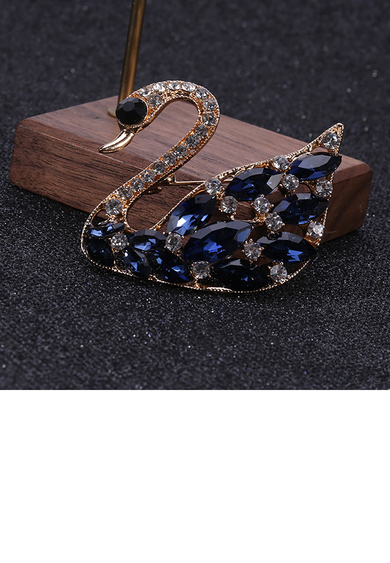 Fashion and Elegant Plated Gold Swan Brooch with Blue Cubic Zirconia - Luxurious Look