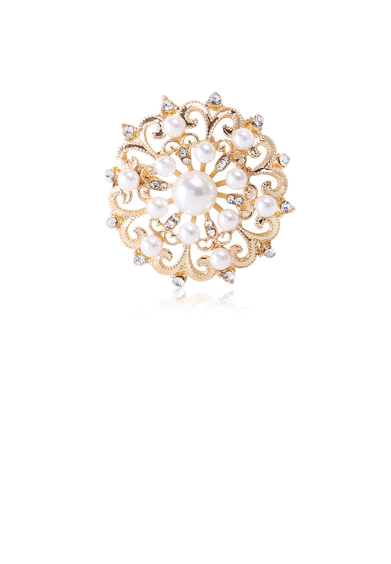Vintage Palace Style Plated Gold Geometric Pattern Round Imitation Pearl Brooch with Cubic Zirconia - Luxurious Look