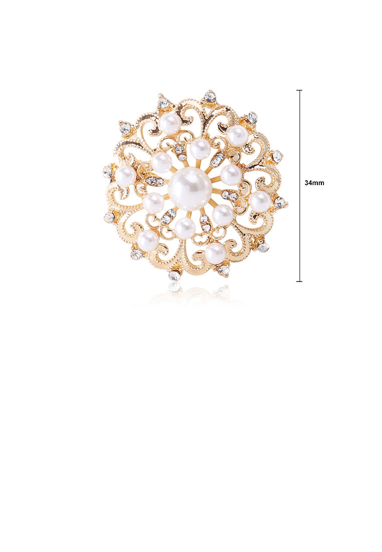 Vintage Palace Style Plated Gold Geometric Pattern Round Imitation Pearl Brooch with Cubic Zirconia - Luxurious Look