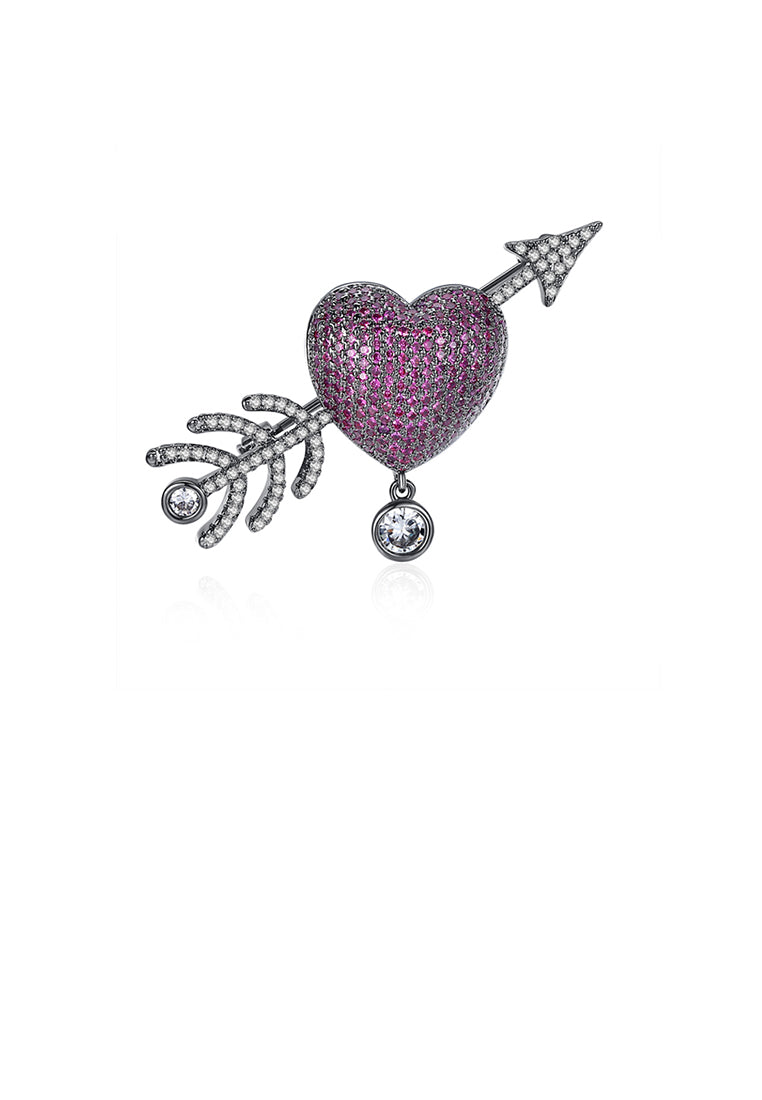 Elegant and Bright Plated Black Heart-shaped Cupid's Arrow Brooch with Purple Cubic Zirconia - Luxurious Look
