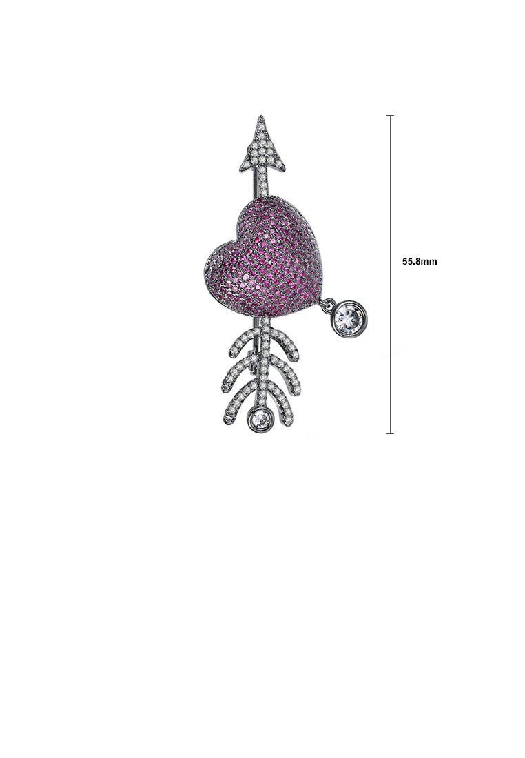 Elegant and Bright Plated Black Heart-shaped Cupid's Arrow Brooch with Purple Cubic Zirconia - Luxurious Look