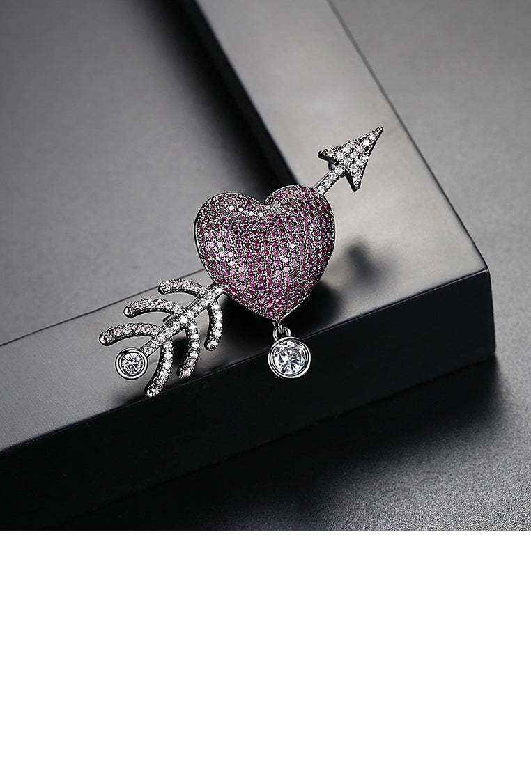 Elegant and Bright Plated Black Heart-shaped Cupid's Arrow Brooch with Purple Cubic Zirconia - Luxurious Look