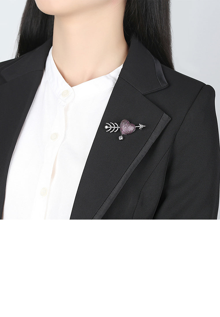 Elegant and Bright Plated Black Heart-shaped Cupid's Arrow Brooch with Purple Cubic Zirconia - Luxurious Look