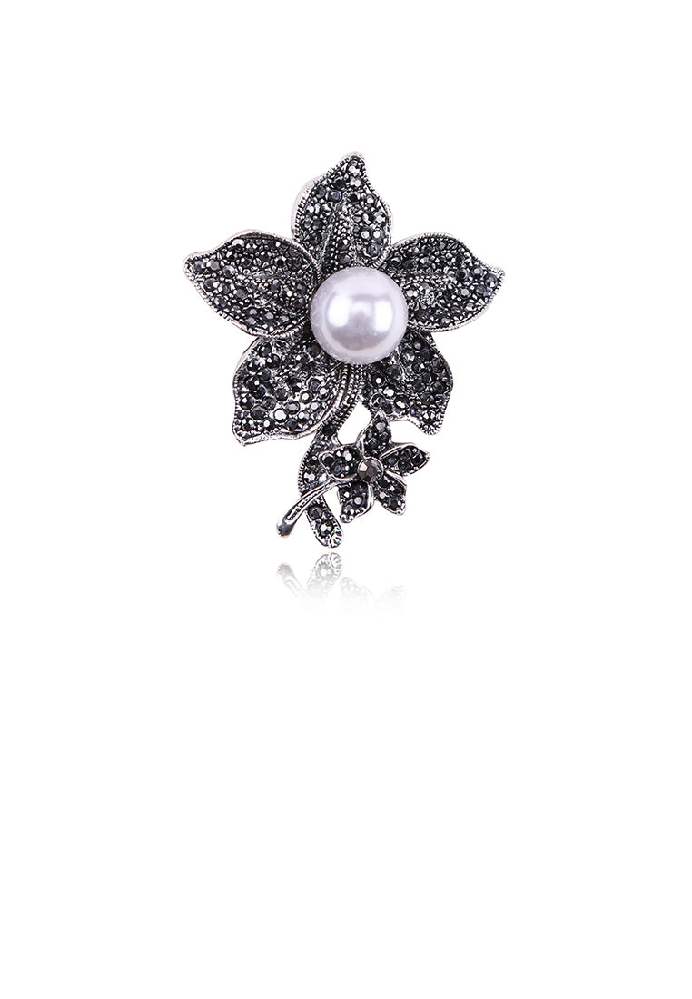 Fashion and Elegant Plated Black Flower Imitation Pearl Brooch with Cubic Zirconia - Luxurious Look