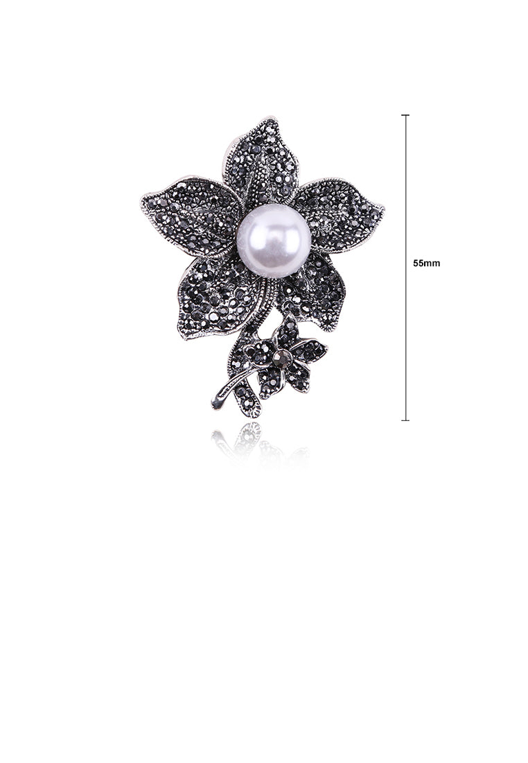 Fashion and Elegant Plated Black Flower Imitation Pearl Brooch with Cubic Zirconia - Luxurious Look