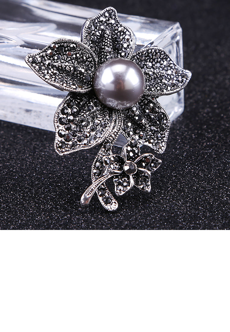 Fashion and Elegant Plated Black Flower Imitation Pearl Brooch with Cubic Zirconia - Luxurious Look