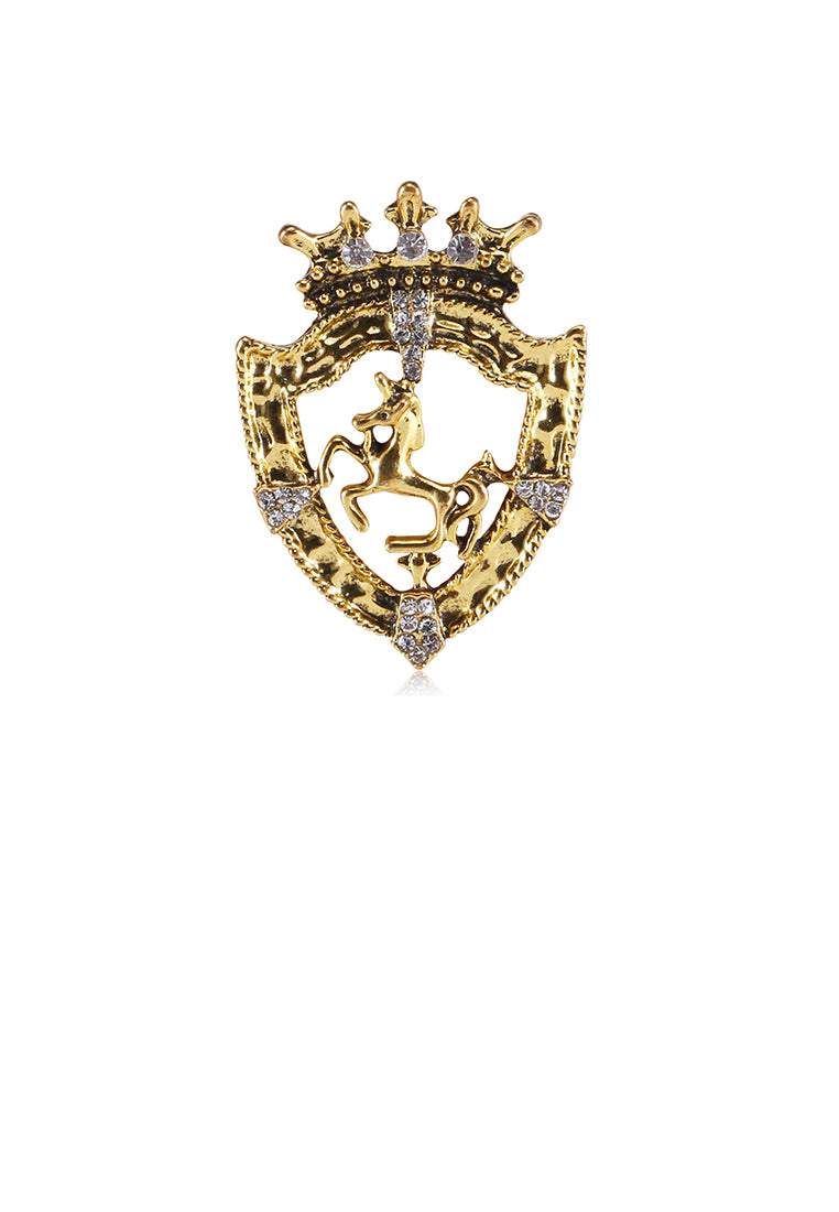 Simple Vintage Plated Gold Shield Crown Horse Brooch with Cubic Zirconia - Luxurious Look