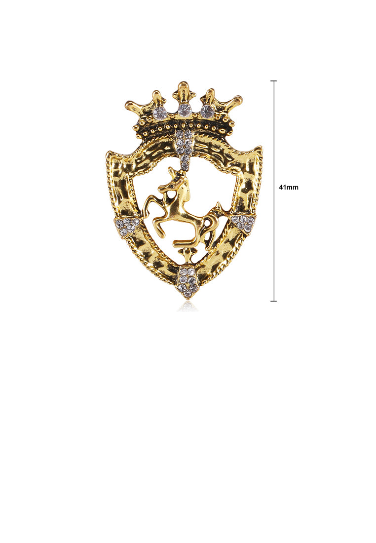 Simple Vintage Plated Gold Shield Crown Horse Brooch with Cubic Zirconia - Luxurious Look
