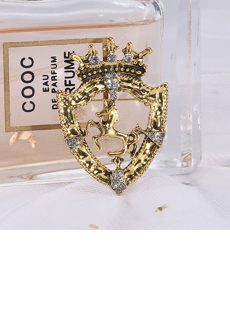 Simple Vintage Plated Gold Shield Crown Horse Brooch with Cubic Zirconia - Luxurious Look