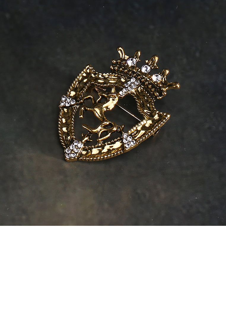 Simple Vintage Plated Gold Shield Crown Horse Brooch with Cubic Zirconia - Luxurious Look