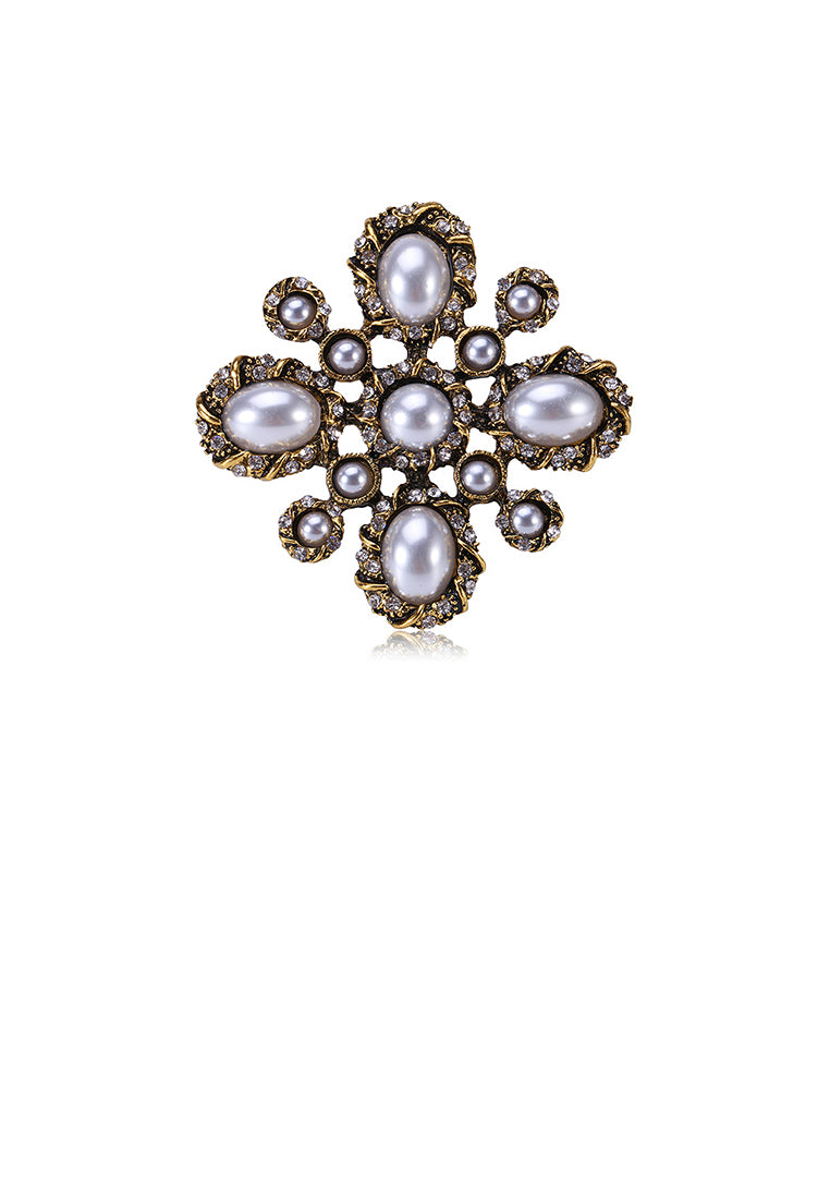 Vintage Elegant Plated Gold Geometric Pattern Imitation Pearl Brooch - Luxurious Look