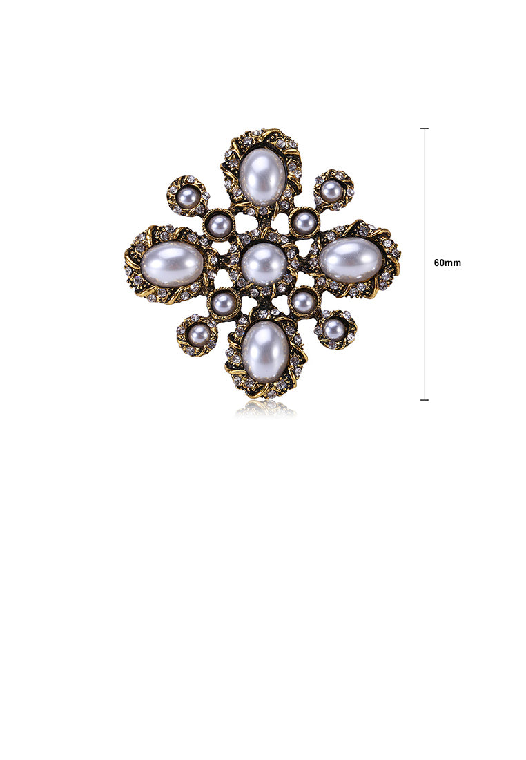 Vintage Elegant Plated Gold Geometric Pattern Imitation Pearl Brooch - Luxurious Look