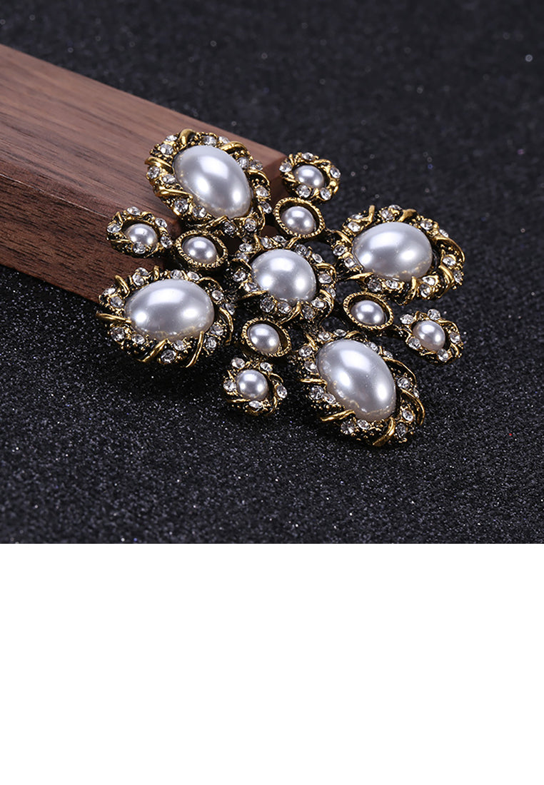 Vintage Elegant Plated Gold Geometric Pattern Imitation Pearl Brooch - Luxurious Look