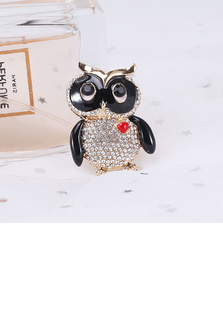 Fashion and Cute Plated Gold Owl Brooch with Cubic Zirconia - Luxurious Look