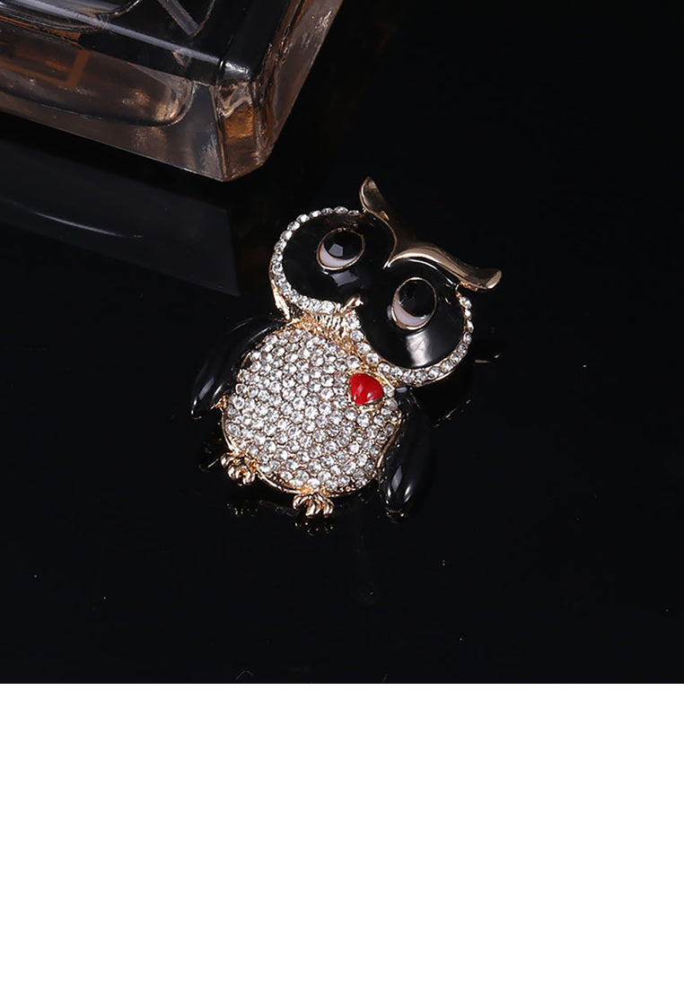 Fashion and Cute Plated Gold Owl Brooch with Cubic Zirconia - Luxurious Look