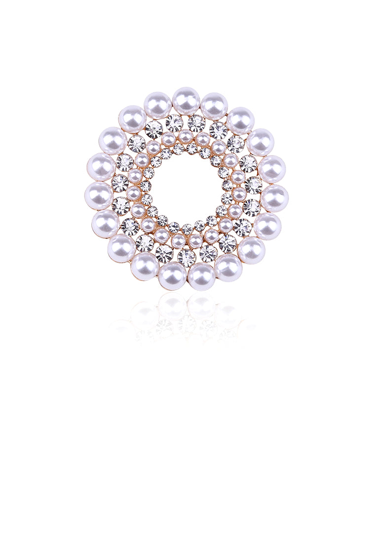 Fashion and Elegant Plated Gold Geometric Round Imitation Pearl Brooch with Cubic Zirconia - Luxurious Look