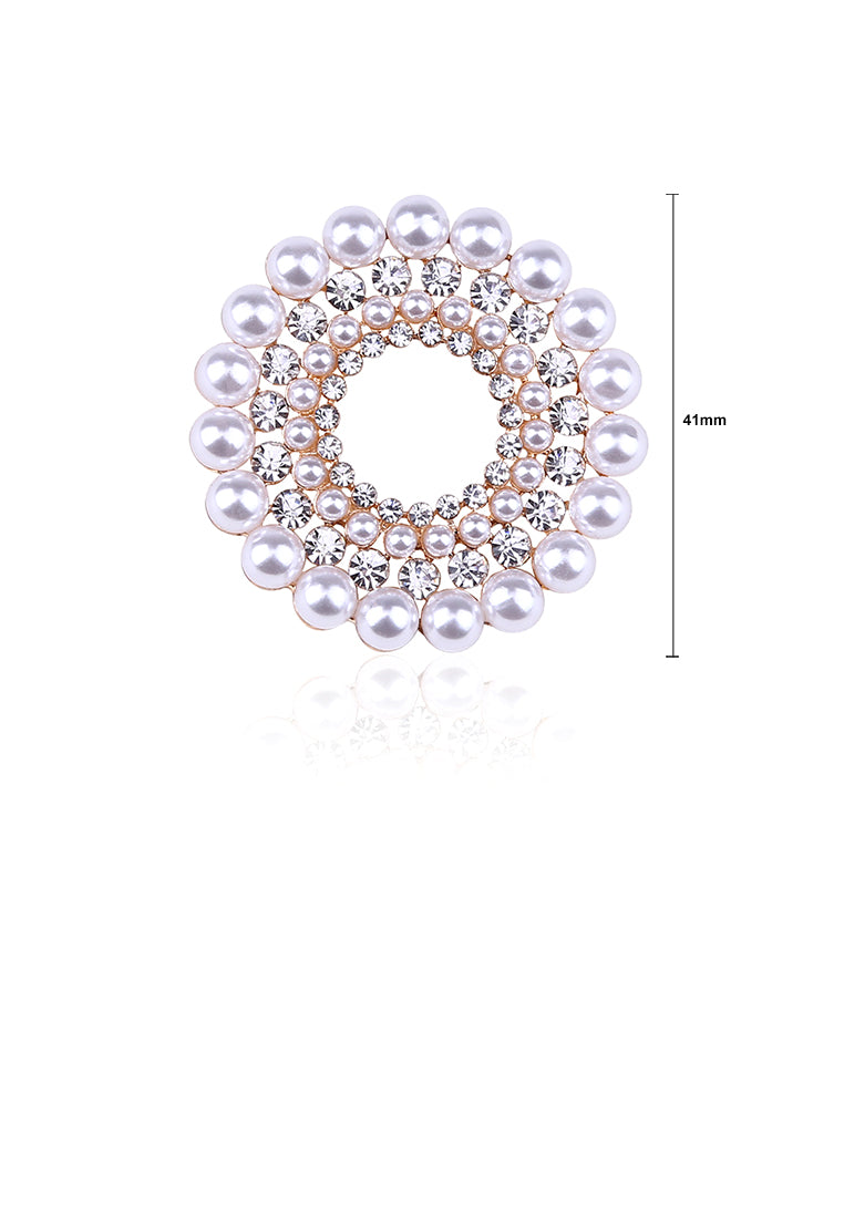 Fashion and Elegant Plated Gold Geometric Round Imitation Pearl Brooch with Cubic Zirconia - Luxurious Look