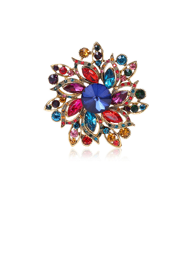 Elegant and Bright Plated Gold Color Flower Brooch with Cubic Zirconia - Luxurious Look