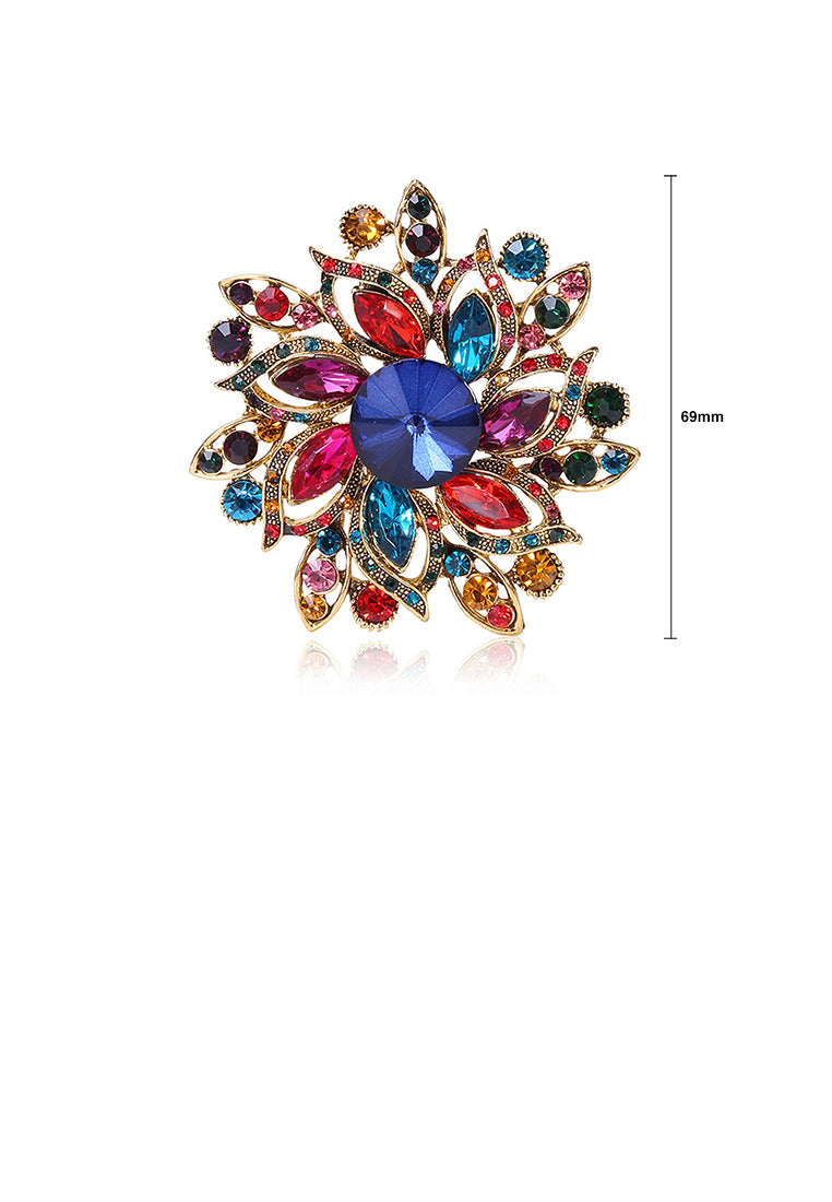 Elegant and Bright Plated Gold Color Flower Brooch with Cubic Zirconia - Luxurious Look