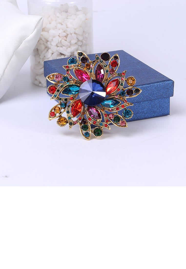 Elegant and Bright Plated Gold Color Flower Brooch with Cubic Zirconia - Luxurious Look