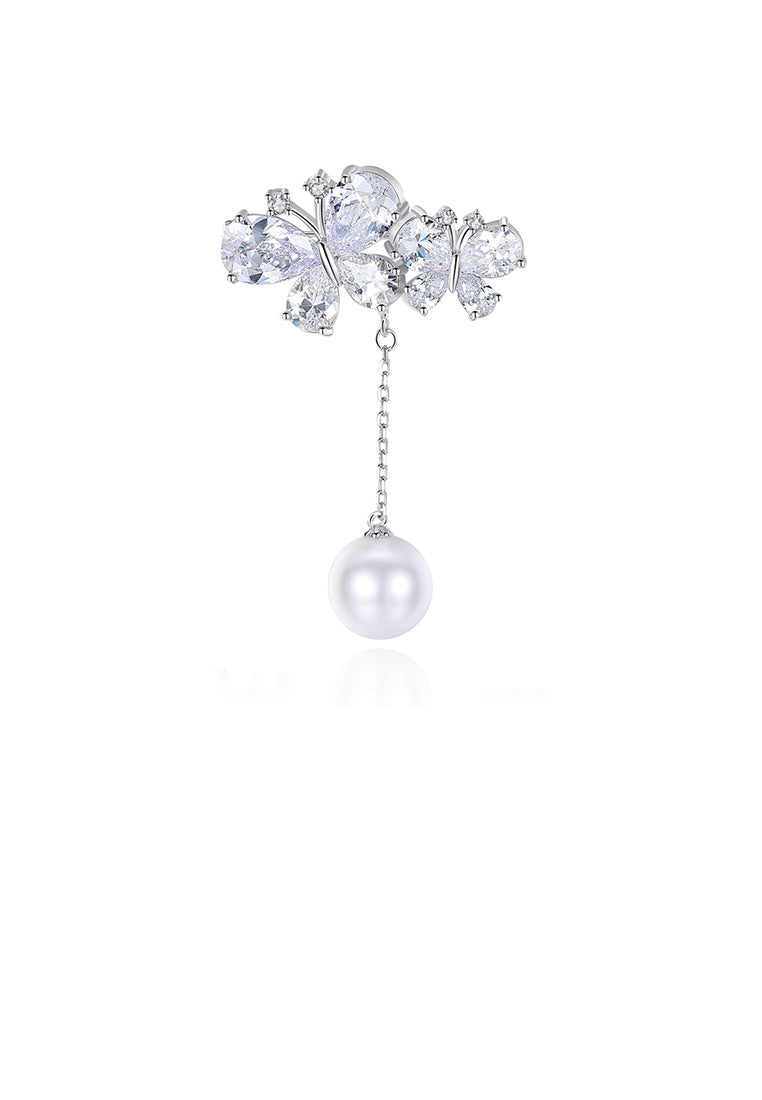 Simple Temperament Double Butterfly Tassel Imitation Pearl Brooch with Cubic Zirconia - Luxurious Look