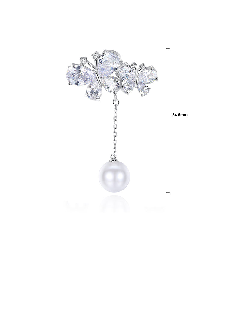Simple Temperament Double Butterfly Tassel Imitation Pearl Brooch with Cubic Zirconia - Luxurious Look