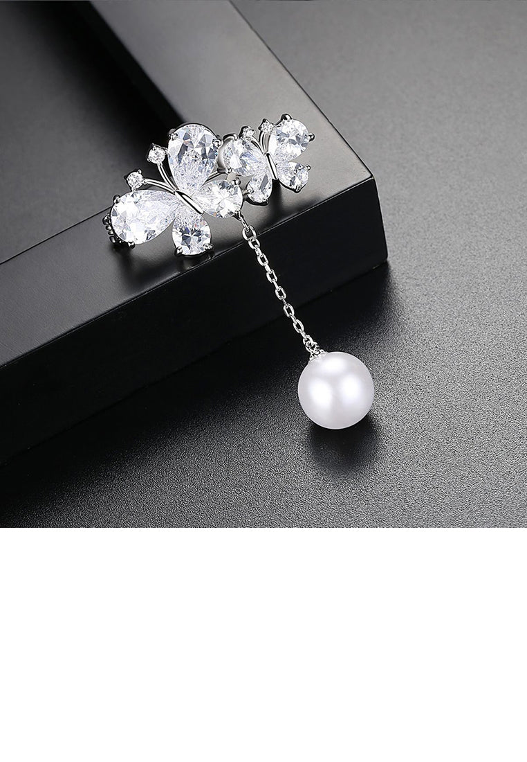 Simple Temperament Double Butterfly Tassel Imitation Pearl Brooch with Cubic Zirconia - Luxurious Look