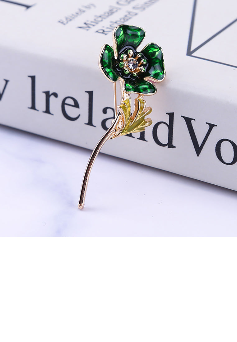Simple and Fashion Plated Gold Green Four-leaf Clover Brooch with Cubic Zirconia - Luxurious Look