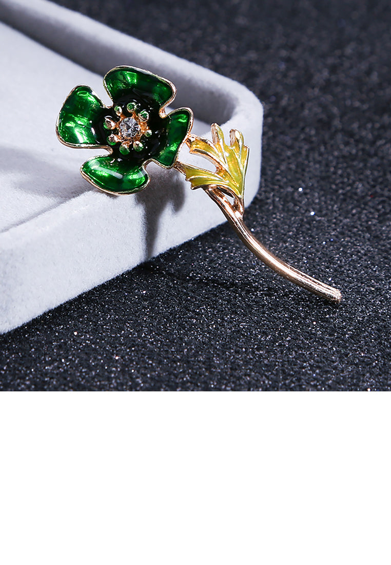 Simple and Fashion Plated Gold Green Four-leaf Clover Brooch with Cubic Zirconia - Luxurious Look