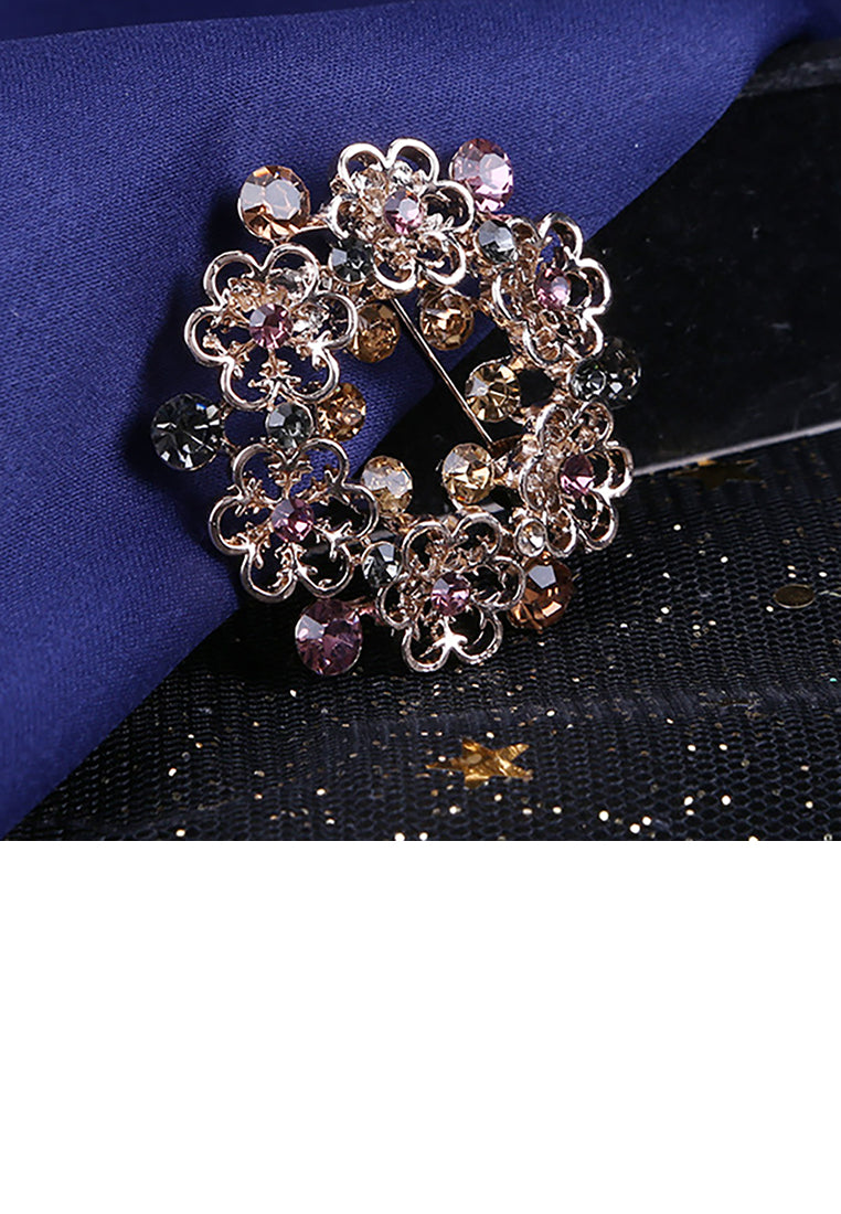 Fashion and Elegant Plated Gold Geometric Color Flower Brooch with Cubic Zirconia - Luxurious Look