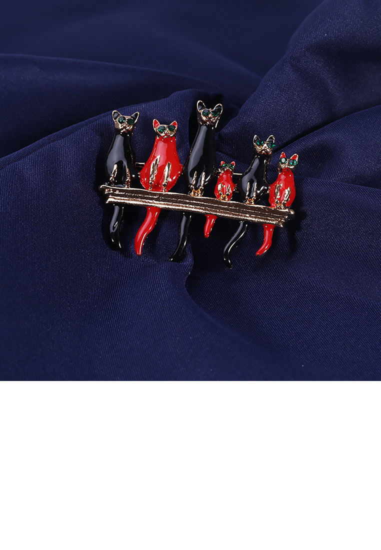 Simple and Creative Black Cat Red Cat Brooch with Green Cubic Zirconia - Luxurious Look - Vibrant Color