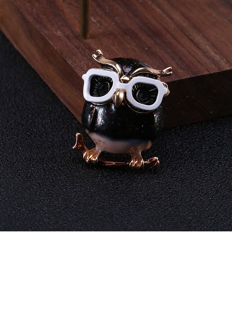 Simple and Cute Plated Gold Owl Brooch with Cubic Zirconia - Luxurious Look