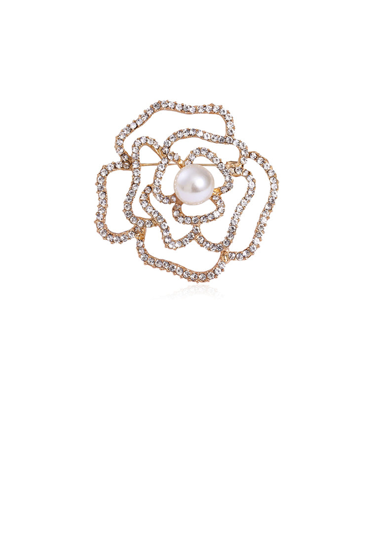 Fashion and Simple Plated Gold Hollow Flower Imitation Pearl Brooch with Cubic Zirconia - Luxurious Look