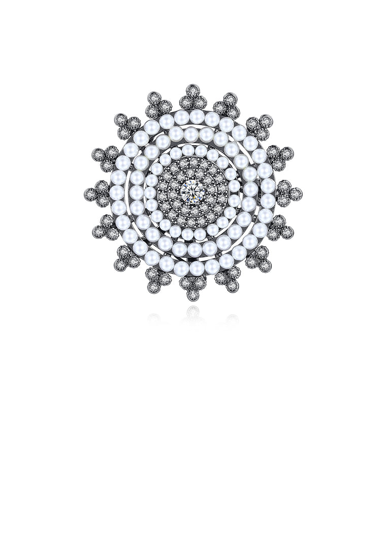 Fashion and Elegant Plated Black Geometric Round Imitation Pearl Brooch with Cubic Zirconia - Luxurious Look