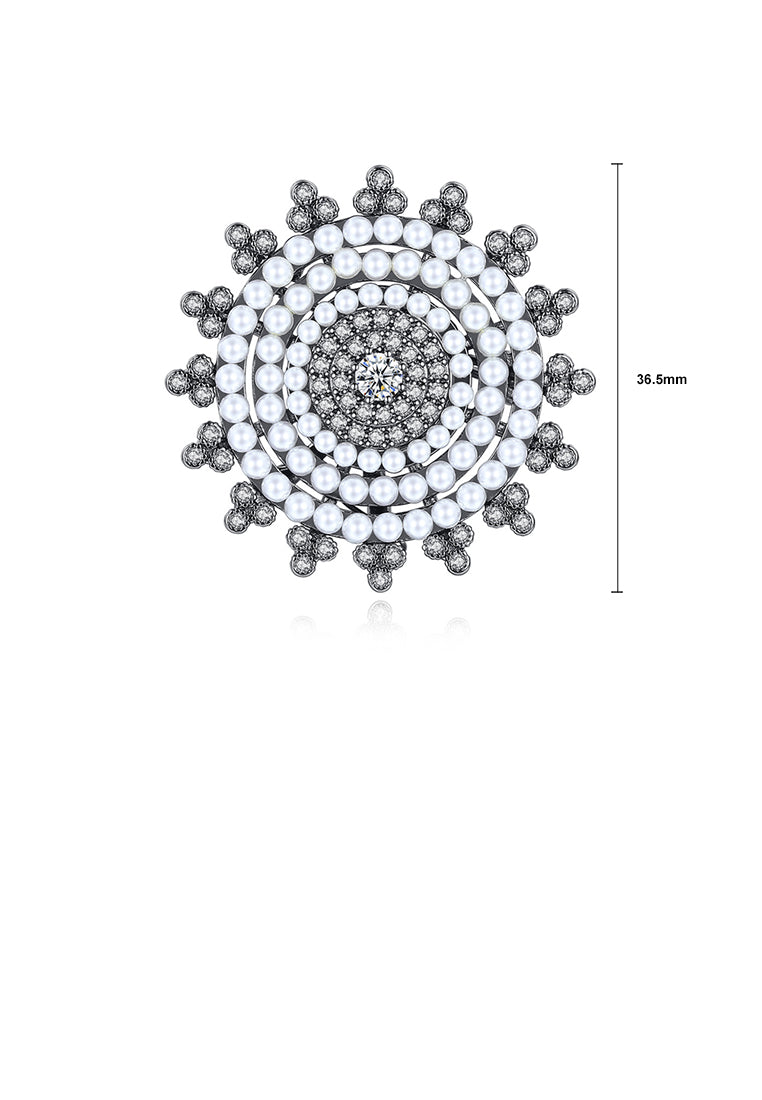 Fashion and Elegant Plated Black Geometric Round Imitation Pearl Brooch with Cubic Zirconia - Luxurious Look
