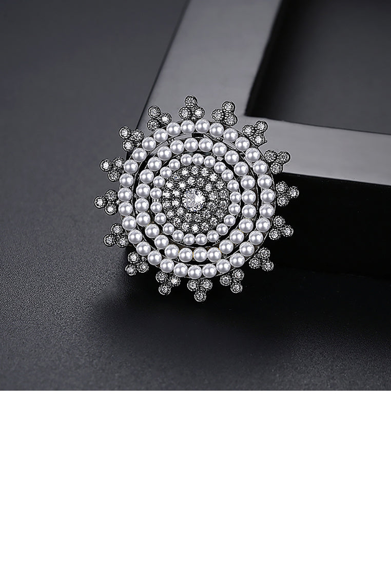 Fashion and Elegant Plated Black Geometric Round Imitation Pearl Brooch with Cubic Zirconia - Luxurious Look