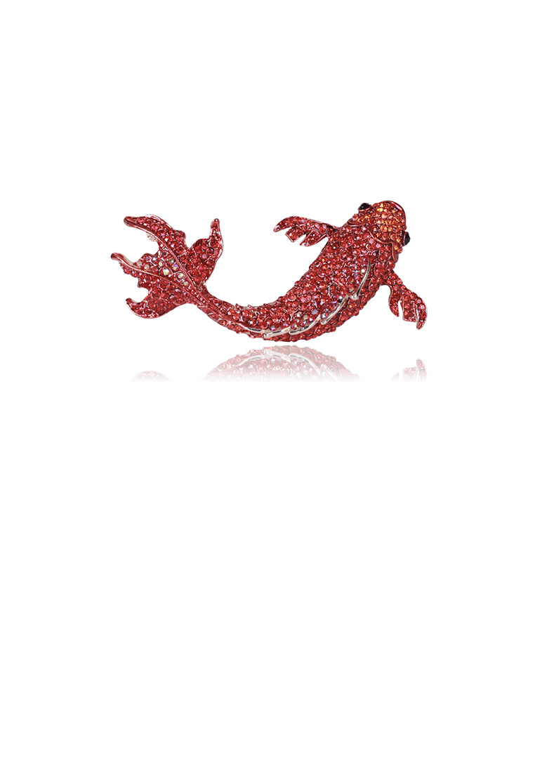 Fashion and Lovely Plated Gold Koi Brooch with Red Cubic Zirconia - Luxurious Look - Vibrant Color