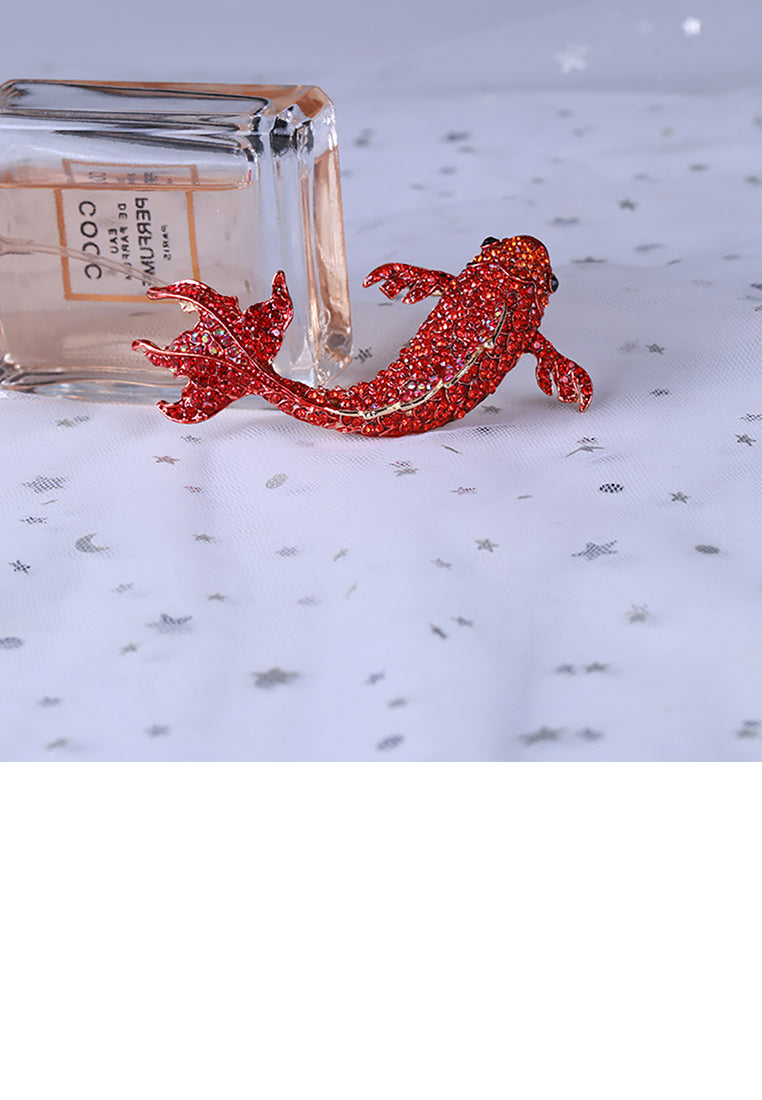 Fashion and Lovely Plated Gold Koi Brooch with Red Cubic Zirconia - Luxurious Look - Vibrant Color